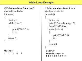 While Loop-Example
// Print numbers from 1 to 5
#include <stdio.h>
int main()
{
int i = 1;
while (i <= 5)
{
printf("%dt", i);
i++;
}
return 0;
}
// Print numbers from 1 to n
#include <stdio.h>
int main()
{
int i = 1,n;
printf(“Enter the range :”);
Scanf(“%d”,&n);
while (i <= n)
{
printf("%d ", i);
i++;
}
return 0;
}
OUTPUT
1 2 3 4 5
OUTPUT
Enter the range : 10
1 2 3 4 5 6 7 8 9 10
 