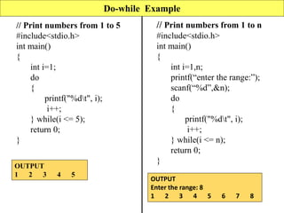 // Print numbers from 1 to 5
#include<stdio.h>
int main()
{
int i=1;
do
{
printf("%dt", i);
i++;
} while(i <= 5);
return 0;
}
// Print numbers from 1 to n
#include<stdio.h>
int main()
{
int i=1,n;
printf(“enter the range:”);
scanf(“%d”,&n);
do
{
printf("%dt", i);
i++;
} while(i <= n);
return 0;
}
Do-while Example
OUTPUT
1 2 3 4 5
OUTPUT
Enter the range: 8
1 2 3 4 5 6 7 8
 