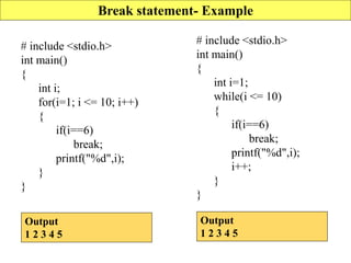 Break statement- Example
# include <stdio.h>
int main()
{
int i;
for(i=1; i <= 10; i++)
{
if(i==6)
break;
printf("%d",i);
}
}
Output
1 2 3 4 5
# include <stdio.h>
int main()
{
int i=1;
while(i <= 10)
{
if(i==6)
break;
printf("%d",i);
i++;
}
}
Output
1 2 3 4 5
 