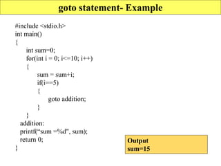 goto statement- Example
#include <stdio.h>
int main()
{
int sum=0;
for(int i = 0; i<=10; i++)
{
sum = sum+i;
if(i==5)
{
goto addition;
}
}
addition:
printf(“sum =%d", sum);
return 0;
}
Output
sum=15
 