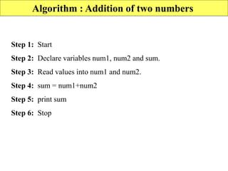 Algorithm : Addition of two numbers
Step 1: Start
Step 2: Declare variables num1, num2 and sum.
Step 3: Read values into num1 and num2.
Step 4: sum = num1+num2
Step 5: print sum
Step 6: Stop
 