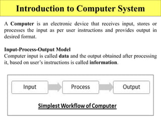 Introduction to Computer System
A Computer is an electronic device that receives input, stores or
processes the input as per user instructions and provides output in
desired format.
Input-Process-Output Model
Computer input is called data and the output obtained after processing
it, based on user’s instructions is called information.
 