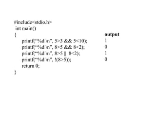 #include<stdio.h>
int main()
{
printf(“%d n”, 5>3 && 5<10);
printf(“%d n”, 8>5 && 8<2);
printf(“%d n”, 8>5 || 8<2);
printf(“%d n”, !(8>5));
return 0;
}
output
1
0
1
0
 