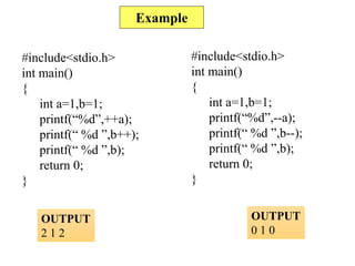 83
Example
#include<stdio.h>
int main()
{
int a=1,b=1;
printf(“%d”,++a);
printf(“ %d ”,b++);
printf(“ %d ”,b);
return 0;
}
OUTPUT
2 1 2
#include<stdio.h>
int main()
{
int a=1,b=1;
printf(“%d”,--a);
printf(“ %d ”,b--);
printf(“ %d ”,b);
return 0;
}
OUTPUT
0 1 0
 