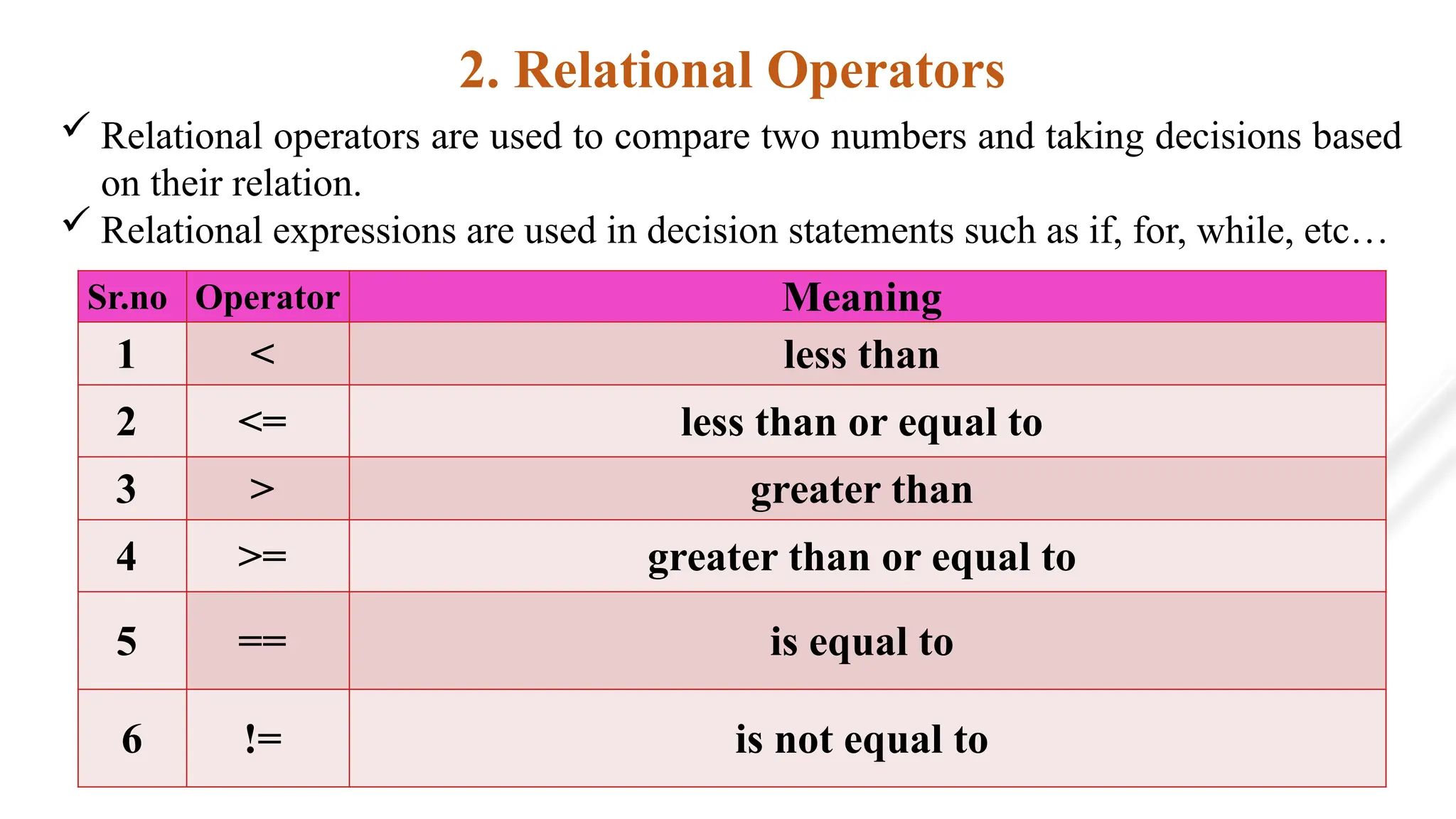 2. Relational Operators
 Relational operators are used to compare two numbers and taking decisions based
on their relation.
 Relational expressions are used in decision statements such as if, for, while, etc…
Sr.no Operator Meaning
1 < less than
2 <= less than or equal to
3 > greater than
4 >= greater than or equal to
5 == is equal to
6 != is not equal to
 