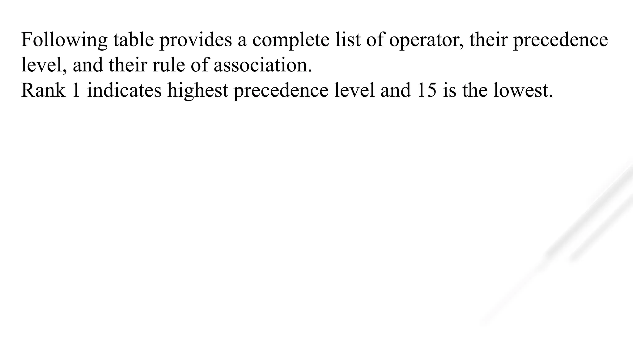 Following table provides a complete list of operator, their precedence
level, and their rule of association.
Rank 1 indicates highest precedence level and 15 is the lowest.
 