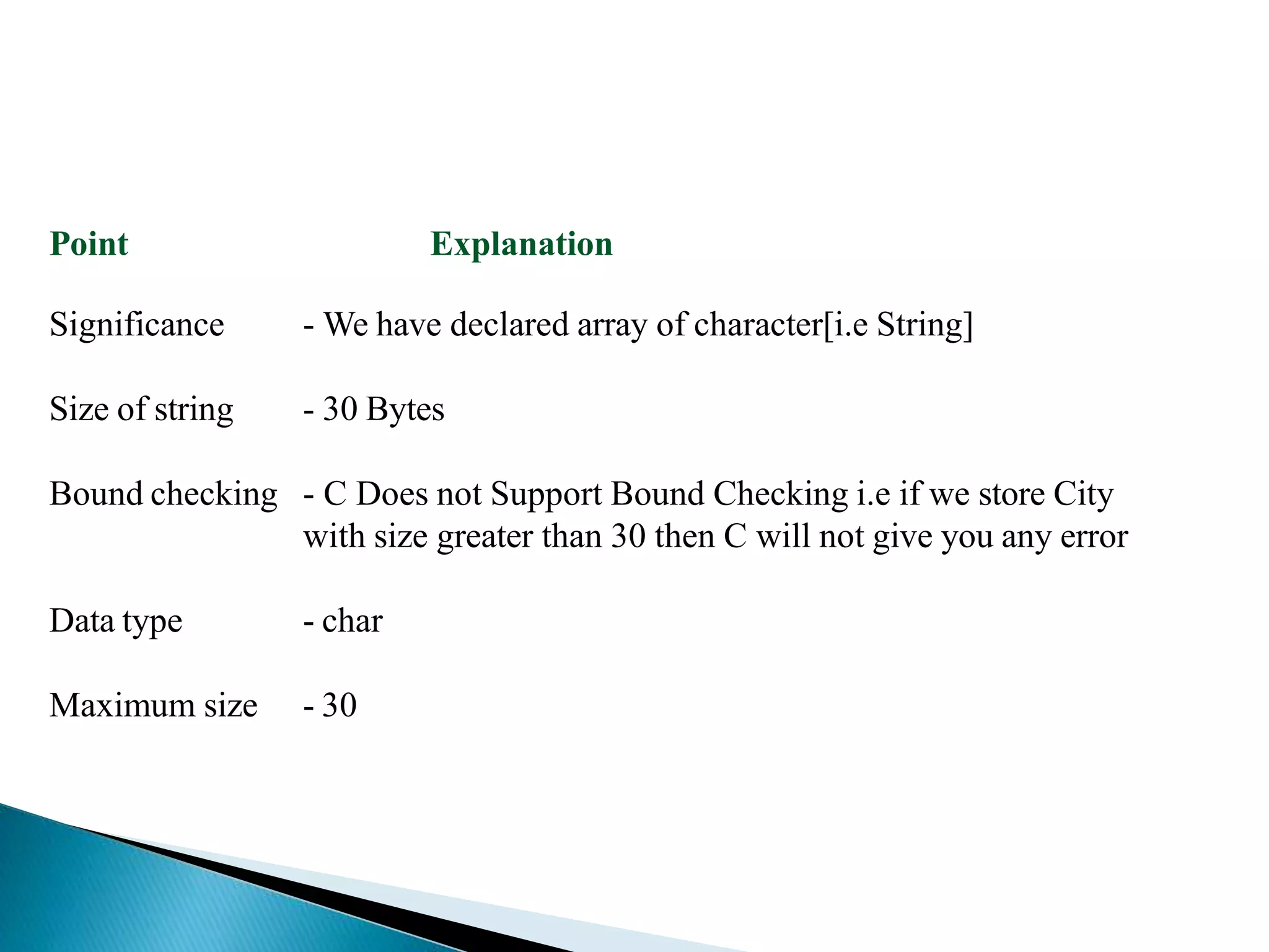 Point Explanation
Significance - We have declared array of character[i.e String]
Size of string - 30 Bytes
Bound checking - C Does not Support Bound Checking i.e if we store City
with size greater than 30 then C will not give you any error
Data type - char
Maximum size - 30
 