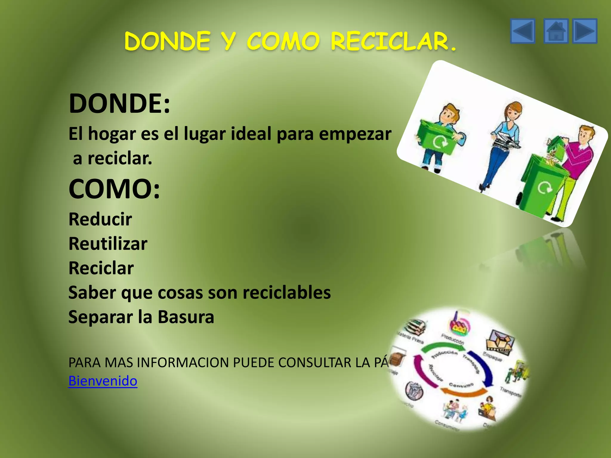 DONDE Y COMO RECICLAR.
DONDE:
El hogar es el lugar ideal para empezar
a reciclar.
COMO:
Reducir
Reutilizar
Reciclar
Saber que cosas son reciclables
Separar la Basura
PARA MAS INFORMACION PUEDE CONSULTAR LA PÁG.
Bienvenido