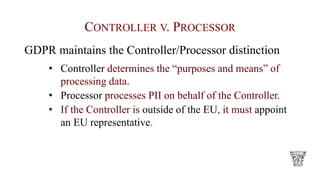 CONTROLLER V. PROCESSOR
GDPR maintains the Controller/Processor distinction
• Controller determines the “purposes and means” of
processing data.
• Processor processes PII on behalf of the Controller.
• If the Controller is outside of the EU, it must appoint
an EU representative.
 