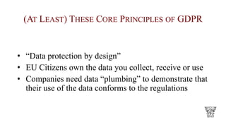 (AT LEAST) THESE CORE PRINCIPLES OF GDPR
• “Data protection by design”
• EU Citizens own the data you collect, receive or use
• Companies need data “plumbing” to demonstrate that
their use of the data conforms to the regulations
 