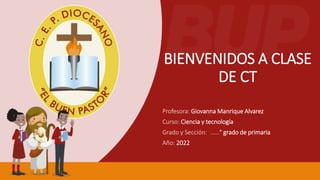 BIENVENIDOS A CLASE
DE CT
Profesora: Giovanna Manrique Alvarez
Curso: Ciencia y tecnología
Grado y Sección: ……° grado de primaria
Año: 2022
 