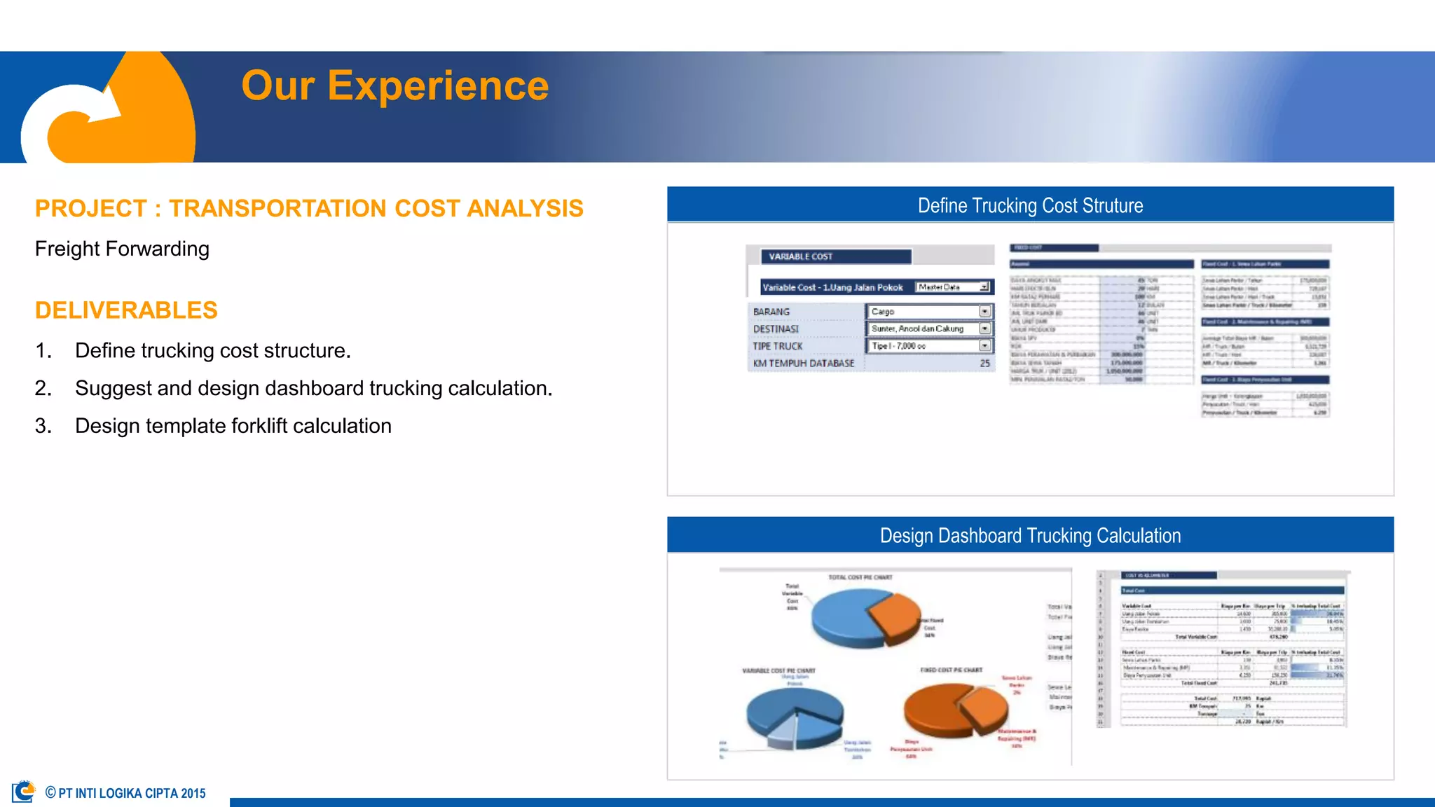 Our Experience
OUR TEAM OUR SERVICES OUR APPROACH OUR EXPERIENCE OUR CLIENT CONTACT USABOUT US
PROJECT : TRANSPORTATION COST ANALYSIS
Freight Forwarding
DELIVERABLES
1. Define trucking cost structure.
2. Suggest and design dashboard trucking calculation.
3. Design template forklift calculation
Define Trucking Cost Struture
Design Dashboard Trucking Calculation
© PT INTI LOGIKA CIPTA 2015
 