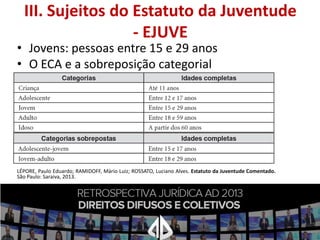 III. Sujeitos do Estatuto da Juventude
- EJUVE

• Jovens: pessoas entre 15 e 29 anos
• O ECA e a sobreposição categorial

LÉPORE, Paulo Eduardo; RAMIDOFF, Mário Luiz; ROSSATO, Luciano Alves. Estatuto da Juventude Comentado.
São Paulo: Saraiva, 2013.

 