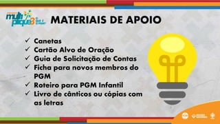  Canetas
 Cartão Alvo de Oração
 Guia de Solicitação de Contas
 Ficha para novos membros do
PGM
 Roteiro para PGM Infantil
 Livro de cânticos ou cópias com
as letras
MATERIAIS DE APOIO
 
