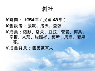 創社 時間： 1954 年（民國 43 年） 創設者： 張默、洛夫、亞弦 成員： 張默、洛夫、亞弦、管管、商禽、辛鬱、大荒、沈臨彬、梅新、周鼎、碧果‧‧‧‧‧‧等。 成員背景： 國民黨軍人 