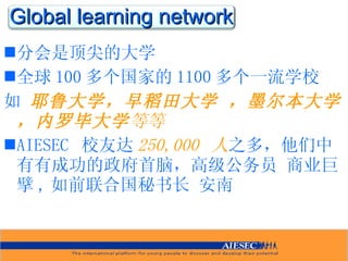 Global learning network 分会是顶尖的大学  全球 100 多个国家的 1100 多个一流学校  如  耶鲁大学，早稻田大学 ，墨尔本大学 ，内罗毕大学 等等 AIESEC  校友达 250,000  人 之多，他们中有有成功的政府首脑，高级公务员   商业巨擘 , 如前联合国秘书长 安南 