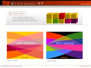 PPT DESIGN ARTCOM PPT DESIGN ARTCOM 색상차가 큰 배색 색사차가 작은 배색 색상의 배색 -  색상차가 적을수록 친숙해지기 쉽고 , 그 차가 커짐에 따라 명료성이 높아진다 . -  동일색상 / 인접색상 / 유사색상 / 중간색상 등 3 요소 (Division)   배색 