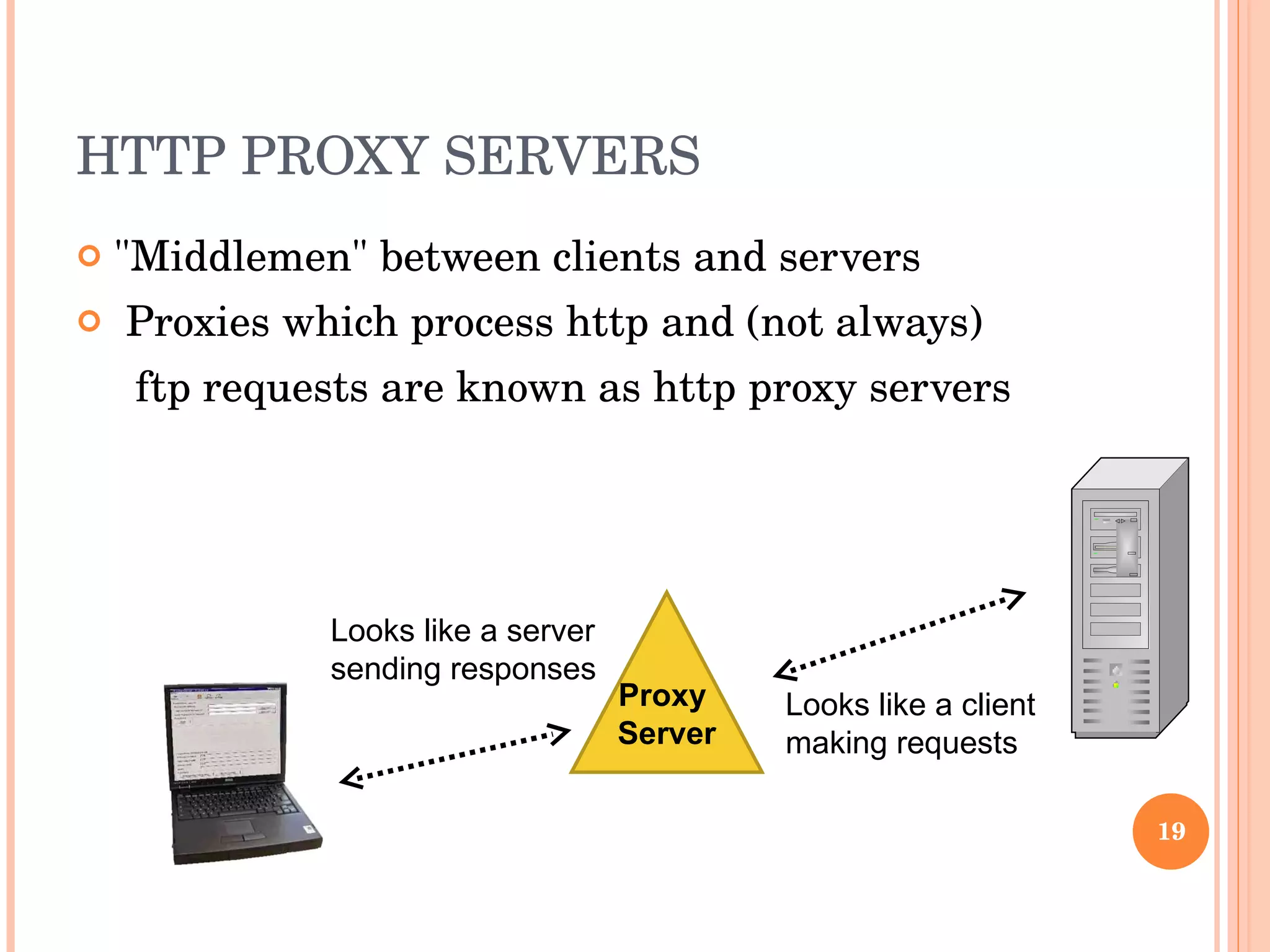 HTTP PROXY SERVERS &quot;Middlemen&quot; between clients and servers Proxies which process http and (not always) ftp requests are known as http proxy servers Proxy  Server Looks like a server sending responses Looks like a client  making requests 