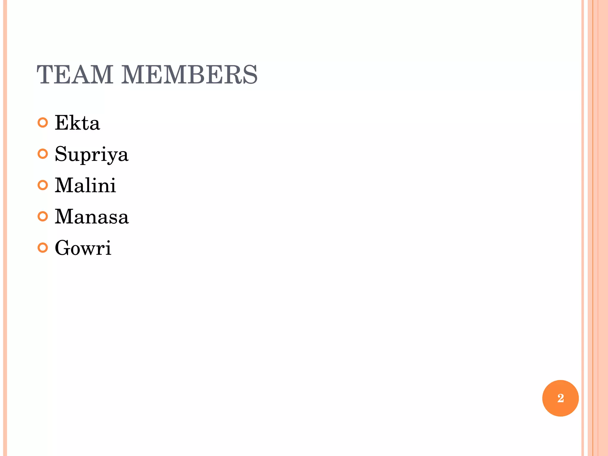 TEAM MEMBERS Ekta Supriya Malini Manasa Gowri 