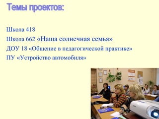Школа 418   Школа 662  «Наша солнечная семья» ДОУ  18  «Общение в педагогической практике» ПУ   «Устройство автомобиля»   Темы проектов: 
