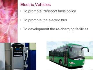 Electric Vehicles To promote transport fuels policy To promote the electric bus To development the re-charging facilities 
