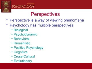 Perspectives
• Perspective is a way of viewing phenomena
• Psychology has multiple perspectives
– Biological
– Psychodynamic
– Behavioral
– Humanistic
– Positive Psychology
– Cognitive
– Cross-Cultural
– Evolutionary
 