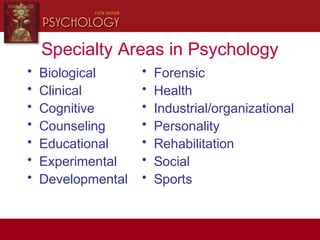 Specialty Areas in Psychology
• Biological
• Clinical
• Cognitive
• Counseling
• Educational
• Experimental
• Developmental
• Forensic
• Health
• Industrial/organizational
• Personality
• Rehabilitation
• Social
• Sports
 