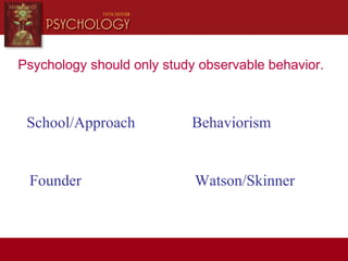 Psychology should only study observable behavior.
School/Approach Behaviorism
Founder Watson/Skinner
 