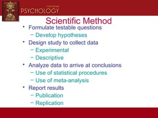 Scientific Method
• Formulate testable questions
– Develop hypotheses
• Design study to collect data
– Experimental
– Descriptive
• Analyze data to arrive at conclusions
– Use of statistical procedures
– Use of meta-analysis
• Report results
– Publication
– Replication
 