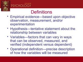 Definitions
• Empirical evidence—based upon objective
observation, measurement, and/or
experimentation
• Hypothesis—tentative statement about the
relationship between variables
• Variables—factors that can vary in ways
that can be observed, measured, and
verified (independent versus dependent)
• Operational definition—precise description
of how the variables will be measured
 