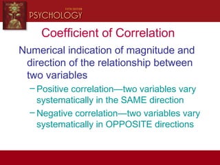 Coefficient of Correlation
Numerical indication of magnitude and
direction of the relationship between
two variables
– Positive correlation—two variables vary
systematically in the SAME direction
– Negative correlation—two variables vary
systematically in OPPOSITE directions
 