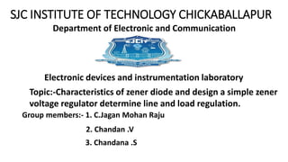 SJC INSTITUTE OF TECHNOLOGY CHICKABALLAPUR
Department of Electronic and Communication
Electronic devices and instrumentation laboratory
Topic:-Characteristics of zener diode and design a simple zener
voltage regulator determine line and load regulation.
Group members:- 1. C.Jagan Mohan Raju
2. Chandan .V
3. Chandana .S
 