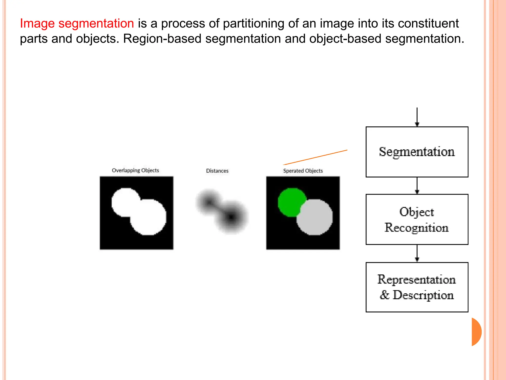 Image segmentation is a process of partitioning of an image into its constituent
parts and objects. Region-based segmentation and object-based segmentation.
 