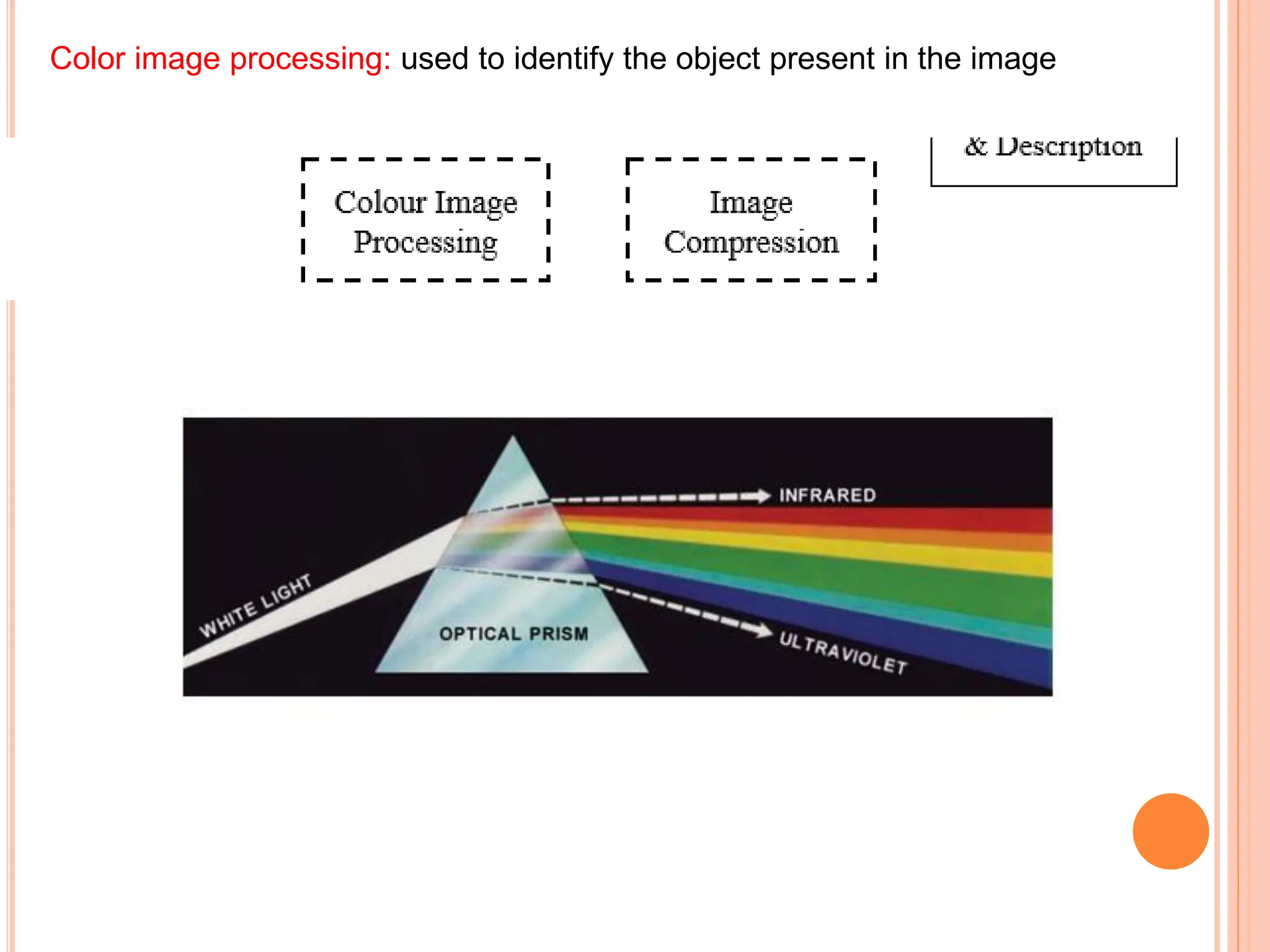 Color image processing: used to identify the object present in the image
 