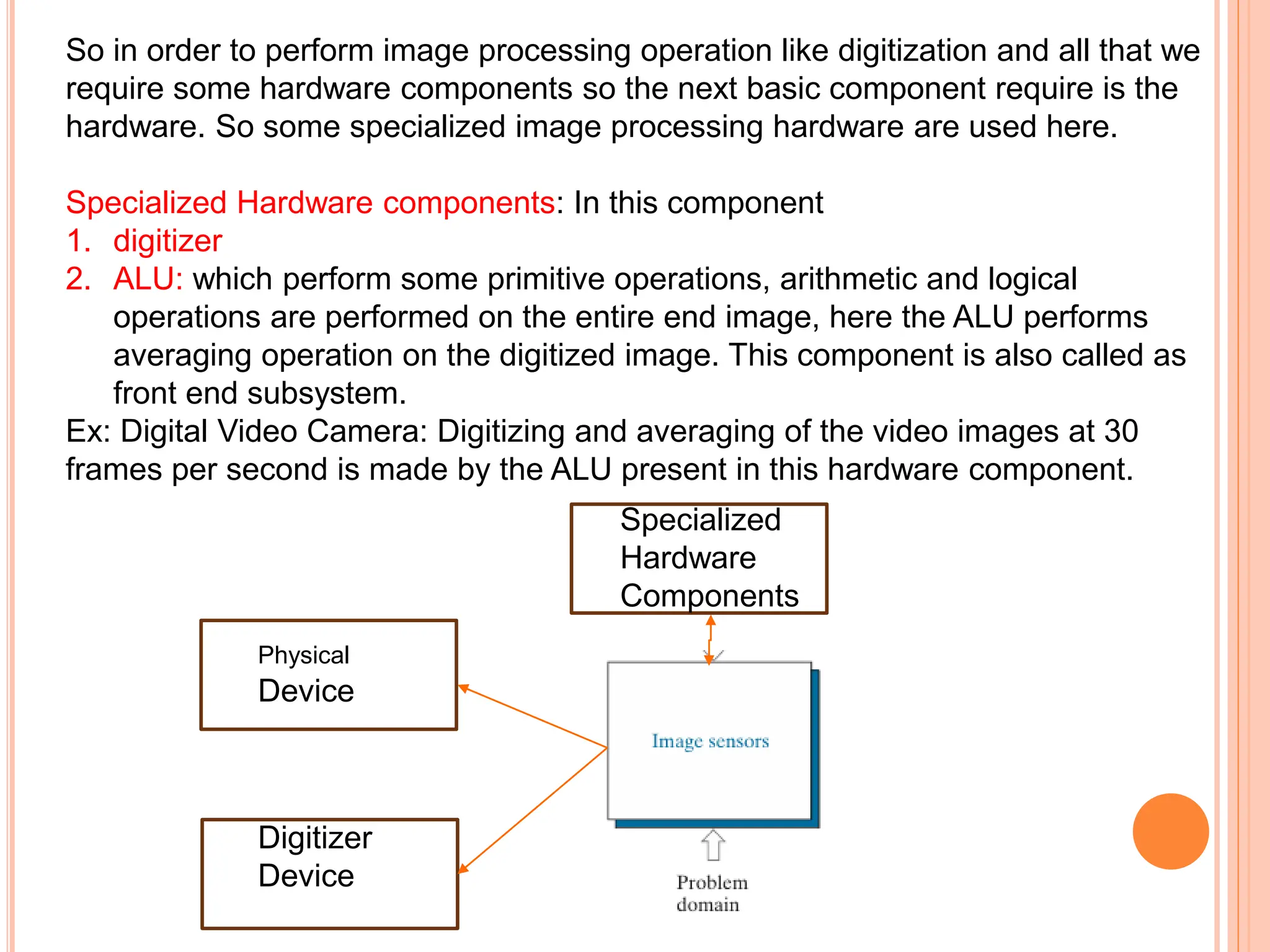 So in order to perform image processing operation like digitization and all that we
require some hardware components so the next basic component require is the
hardware. So some specialized image processing hardware are used here.
Specialized Hardware components: In this component
1. digitizer
2. ALU: which perform some primitive operations, arithmetic and logical
operations are performed on the entire end image, here the ALU performs
averaging operation on the digitized image. This component is also called as
front end subsystem.
Ex: Digital Video Camera: Digitizing and averaging of the video images at 30
frames per second is made by the ALU present in this hardware component.
Physical
Device
Digitizer
Device
Specialized
Hardware
Components
 