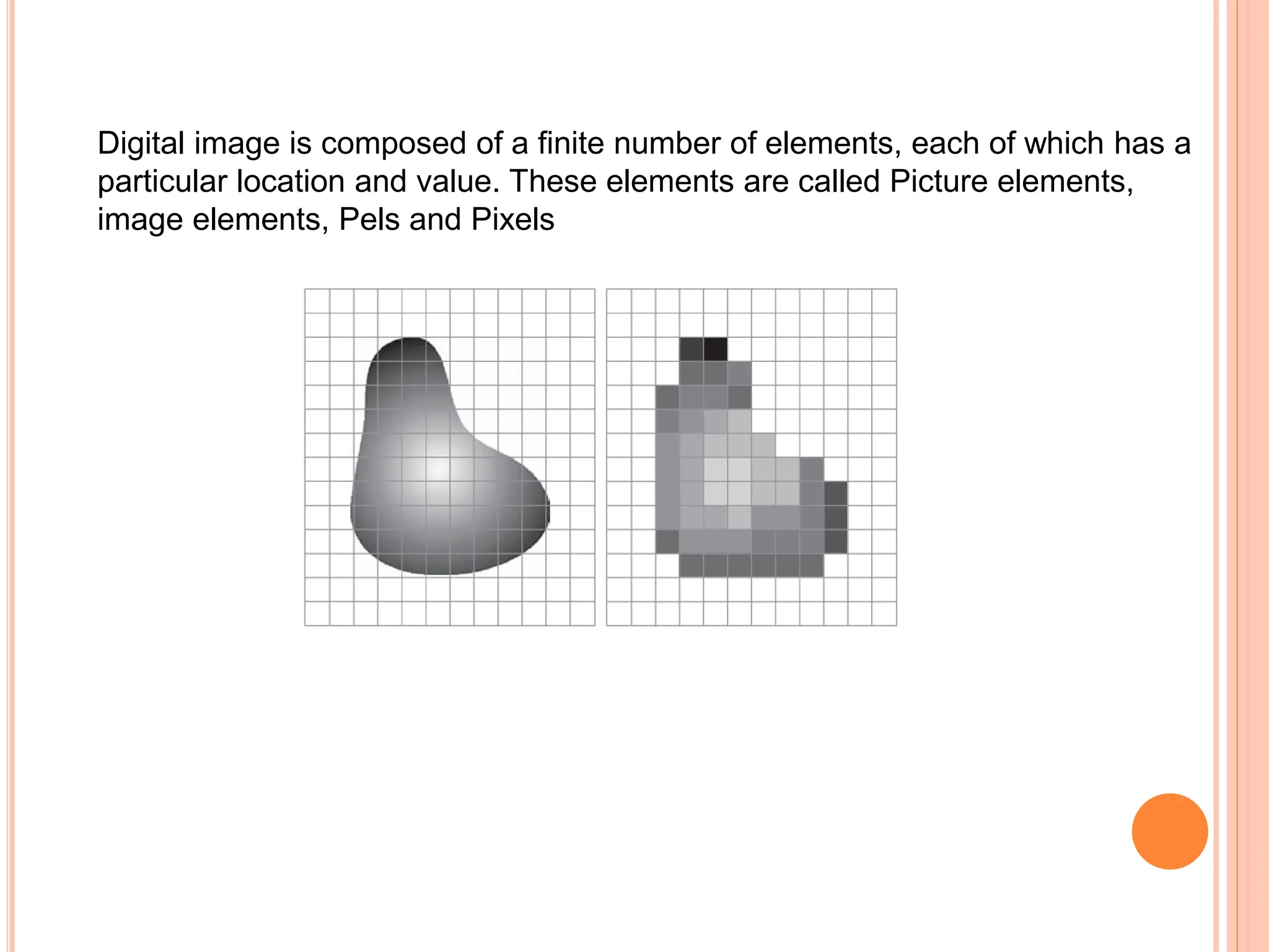 Digital image is composed of a finite number of elements, each of which has a
particular location and value. These elements are called Picture elements,
image elements, Pels and Pixels
 