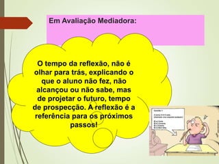 Em Avaliação Mediadora:
O tempo da reflexão, não é
olhar para trás, explicando o
que o aluno não fez, não
alcançou ou não sabe, mas
de projetar o futuro, tempo
de prospecção. A reflexão é a
referência para os próximos
passos!
 