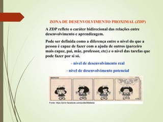 ZONA DE DESENVOLVIMENTO PROXIMAL (ZDP)
A ZDP reflete o caráter bidirecional das relações entre
desenvolvimento e aprendizagem.
Pode ser definida como a diferença entre o nível do que a
pessoa é capaz de fazer com a ajuda de outros (parceiro
mais capaz, pai, mãe, professor, etc) e o nível das tarefas que
pode fazer por si só.
- nível de desenvolvimento real
- nível de desenvolvimento potencial
 
