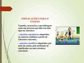 IMPLICAÇÕES PARA O
ENSINO
Vygotsky caracteriza a aprendizagem
como um processo que lida com dois
tipos de conceitos:
- conceitos espontâneos adquiridos
no contexto cotidiano a partir de
referentes concretos.
- conceitos científicos adquiridos, por
meio do ensino, pela atribuição de
significados em uma estrutura
conceitual.
 
