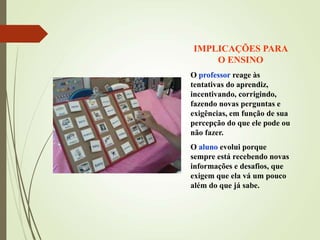 IMPLICAÇÕES PARA
O ENSINO
O professor reage às
tentativas do aprendiz,
incentivando, corrigindo,
fazendo novas perguntas e
exigências, em função de sua
percepção do que ele pode ou
não fazer.
O aluno evolui porque
sempre está recebendo novas
informações e desafios, que
exigem que ela vá um pouco
além do que já sabe.
 