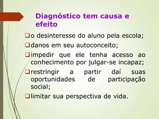 Diagnóstico tem causa e
efeito
o desinteresse do aluno pela escola;
danos em seu autoconceito;
impedir que ele tenha acesso ao
conhecimento por julgar-se incapaz;
restringir a partir daí suas
oportunidades de participação
social;
limitar sua perspectiva de vida.
 