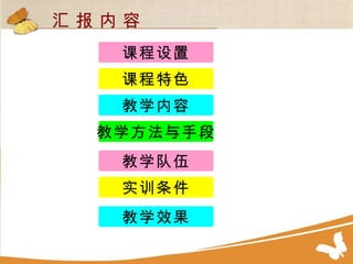 汇 报 内 容 课程设置 教学内容 教学方法与手段 教学队伍 实训条件 课程特色 教学效果 