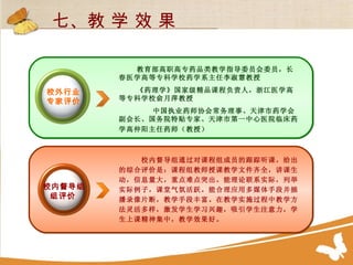 七、教 学 效 果 校外行业专家评价   教育部高职高专药品类教学指导委员会委员，长春医学高等专科学校药学系主任李淑慧教授 《药理学》国家级精品课程负责人，浙江医学高等专科学校俞月萍教授   中国执业药师协会常务理事、天津市药学会副会长、国务院特贴专家、天津市第一中心医院临床药学高仲阳主任药师（教授）   校内督导组组评价   校内督导组通过对课程组成员的跟踪听课，给出的综合评价是：课程组教师授课教学文件齐全，讲课生动，信息量大，重点难点突出。能理论联系实际，列举实际例子，课堂气氛活跃。能合理应用多媒体手段并插播录像片断，教学手段丰富。在教学实施过程中教学方法灵活多样，激发学生学习兴趣，吸引学生注意力，学生上课精神集中，教学效果好。   