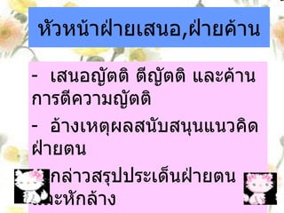 หัวหน้าฝ่ายเสนอ , ฝ่ายค้าน -  เสนอญัตติ ตีญัตติ และค้านการตีความญัตติ -  อ้างเหตุผลสนับสนุนแนวคิดฝ่ายตน -  กล่าวสรุปประเด็นฝ่ายตนและหักล้าง แนวคิดฝ่ายตรงกันข้ามในตอนท้าย 