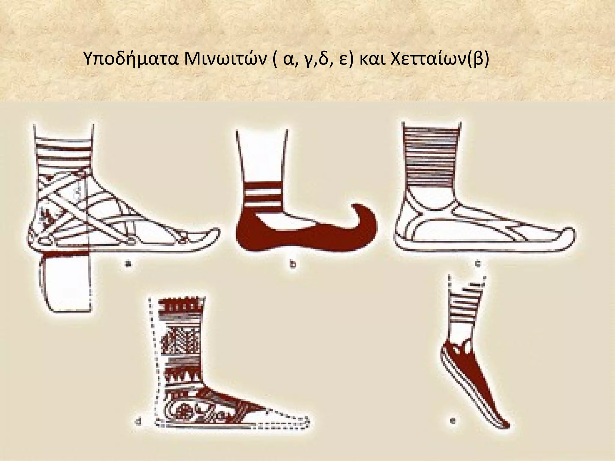 Υποδήματα Μινωιτών ( α, γ,δ, ε) και Χετταίων(β) 