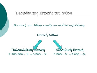 Περίοδοι της Εποχής του Λίθου Η εποχή του λίθου χωρίζεται σε δύο περιόδους Εποχή Λίθου Παλαιολιθική Εποχή  Νεολιθική Εποχή 2. 5 00.000 π.Χ. –  6 . 5 00 π.Χ.  6 . 5 00 π.Χ. – 3.000 π.Χ. 