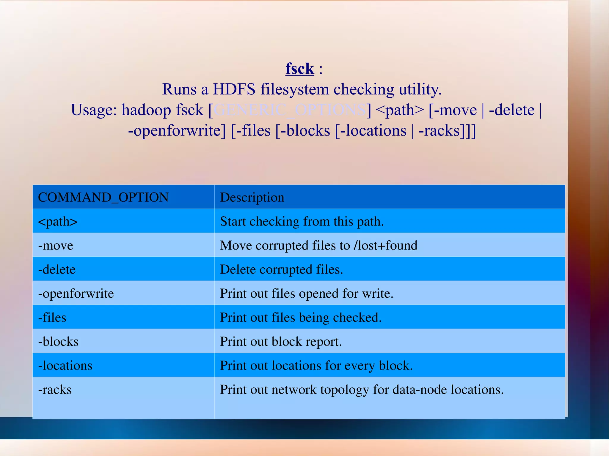 fsck  : Runs a HDFS filesystem checking utility.   Usage: hadoop fsck [ GENERIC_OPTIONS ] <path> [-move | -delete | -openforwrite] [-files [-blocks [-locations | -racks]]]  COMMAND_OPTION  Description  <path> Start checking from this path. -move Move corrupted files to /lost+found -delete Delete corrupted files. -openforwrite Print out files opened for write. -files Print out files being checked. -blocks Print out block report. -locations Print out locations for every block. -racks Print out network topology for data-node locations. 