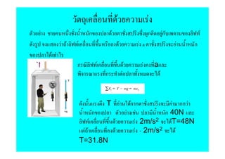 F                             F
F                         ก           F                                     ก           Fก           F
          F F   F                                 F                   F a                    F   ก
    F F
                ก             F                               F         F       a
                                  ก                       F                         F


                                  T                   F            F ก             F กก F
                          ก                                       F F           ก 40N
                      F                   F                          F 2m/s2      FT=48N
                     FF     F                                         F - 2m/s2     F
                    T=31.8N
 
