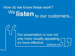 How do we know these work? We listen to our customers... Our presentation is now not only more visually appealing, it’s mo...