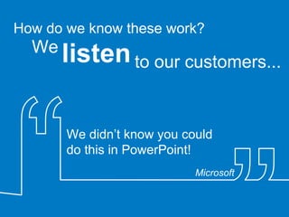 How do we know these work? We listen to our customers... We didn’t know you could do this in PowerPoint! Microsoft 